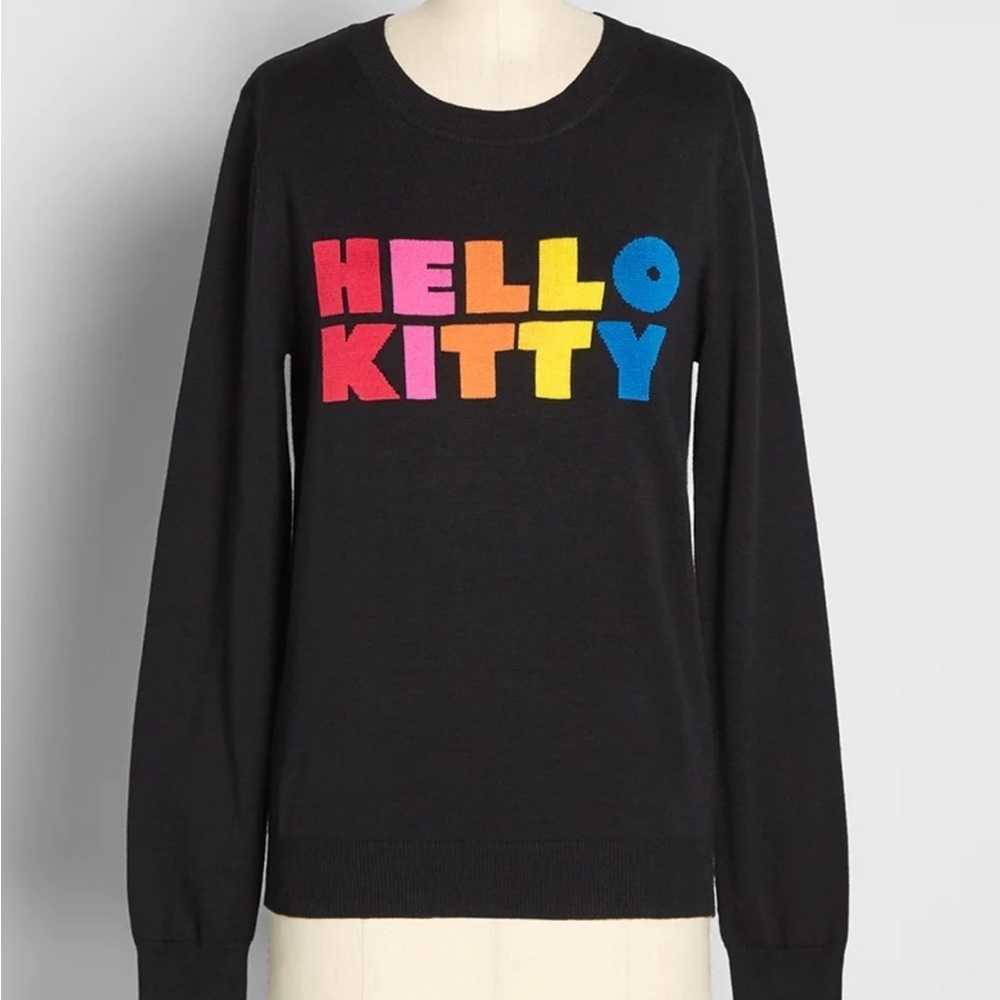 Modcloth x Hello Kitty Oh So Supercute black sweater vibrant rainbow retro style